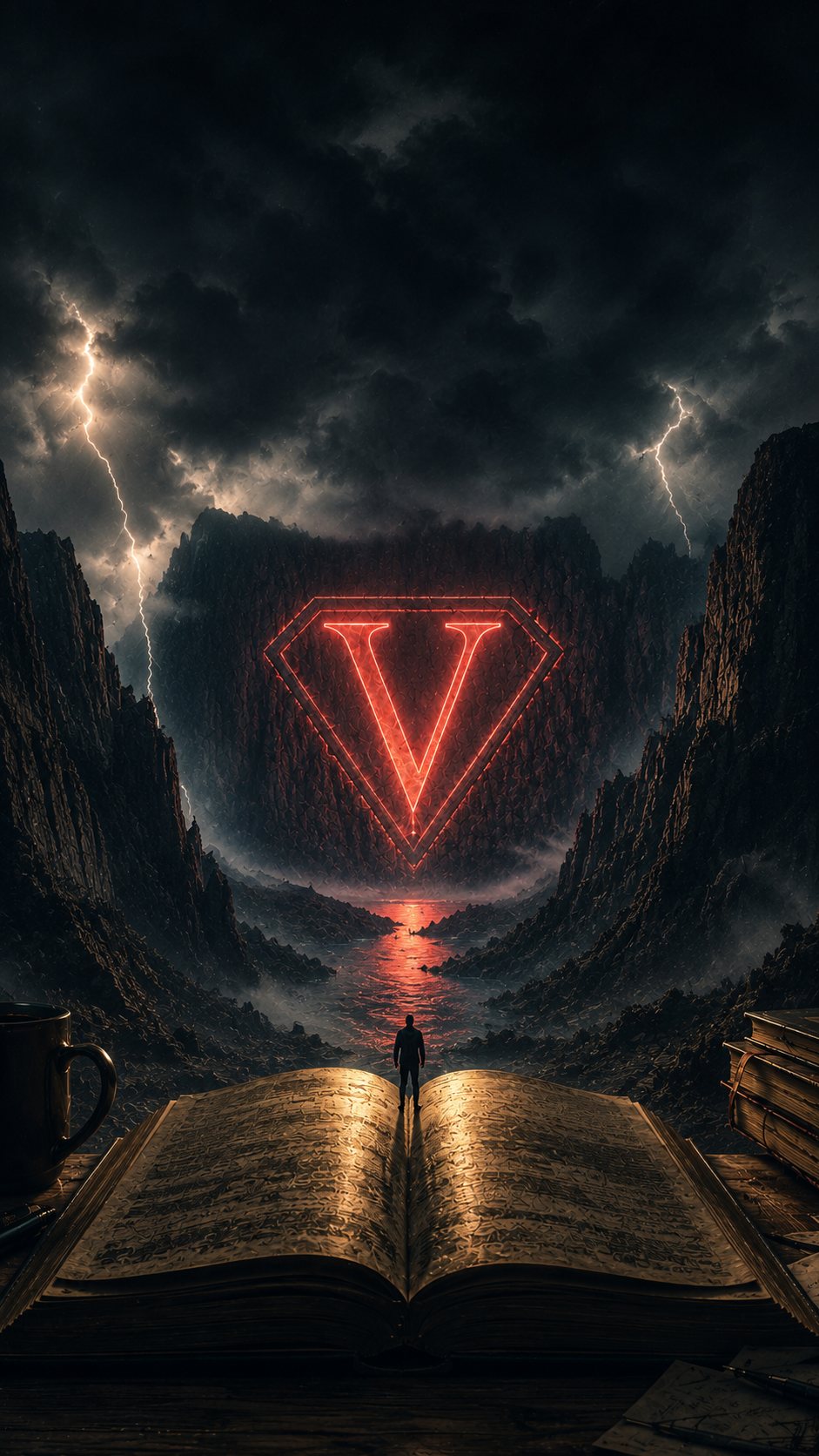 A lone figure standing on an open book in a dark canyon under a glowing red V emblem