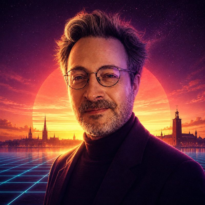 Valleyberg — portrait against a retrowave sunset over the Stockholm skyline